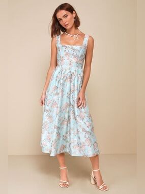 LULU'S Darling Adoration Light
Blue Floral Midi Dress With Pockets